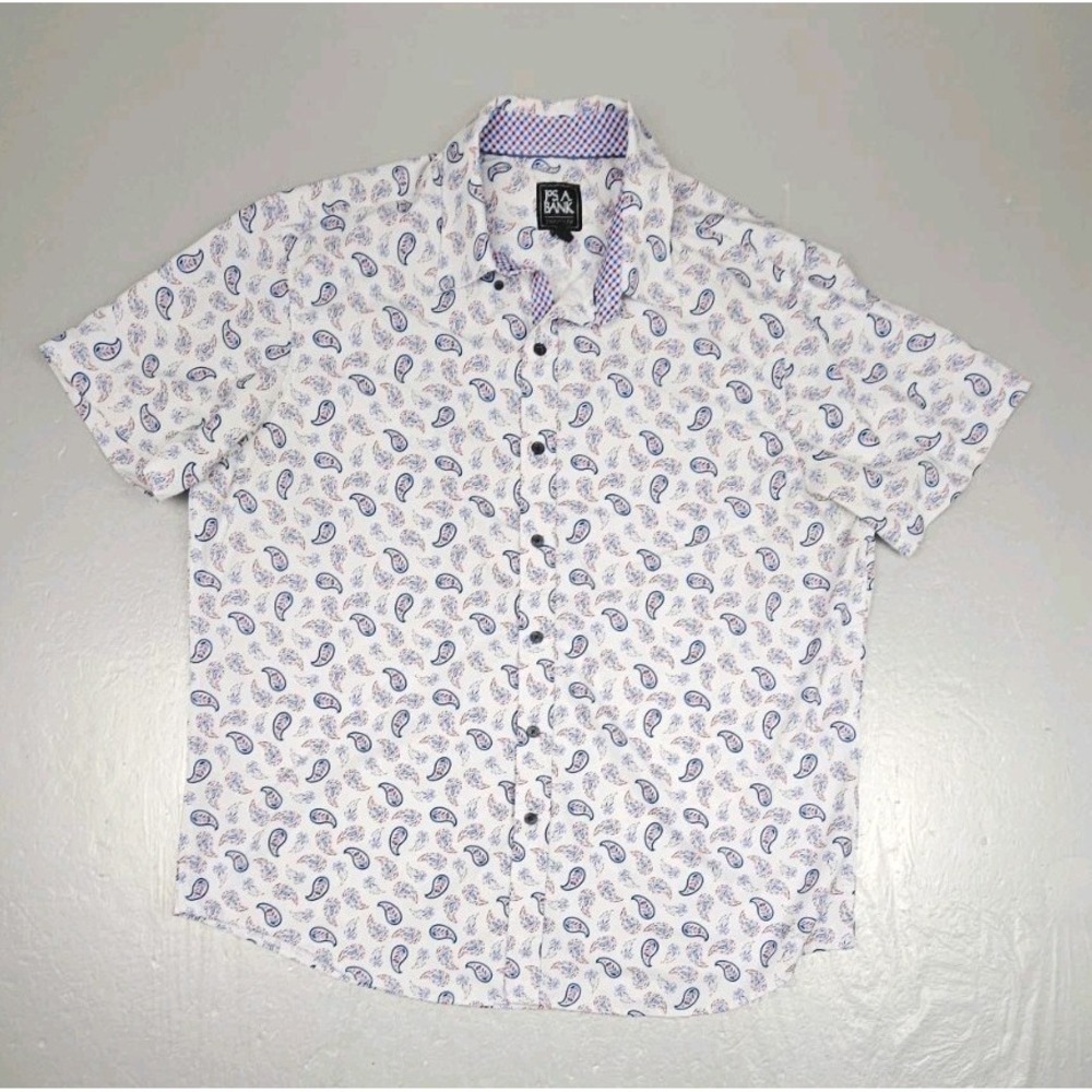 Jos. A. Bank Traveler Button-Up Shirt Mens XL White Paisley Tailored Fit S/S